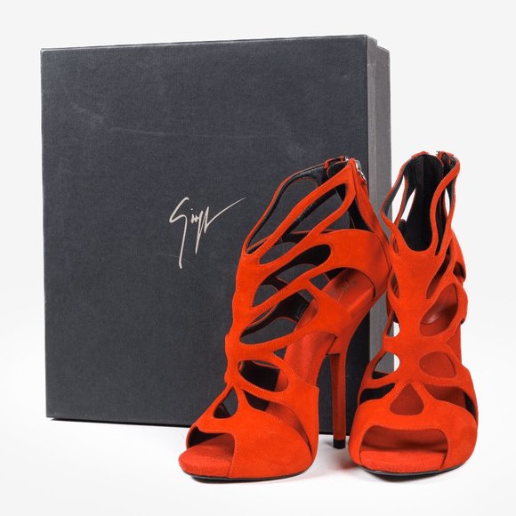 Giuseppe Zanotti Red Suede Cut Out Cage Sandals - Picture 1 of 10